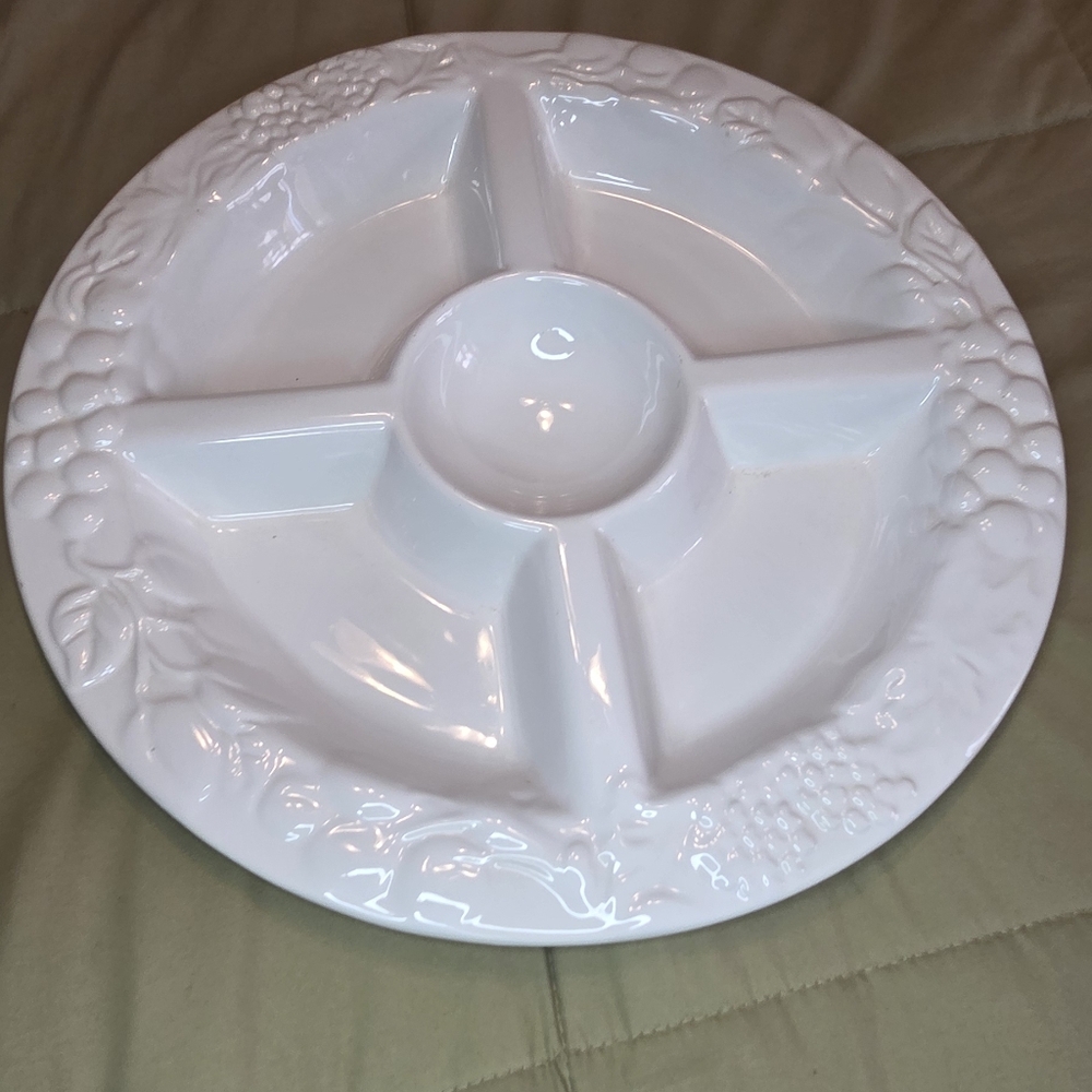 White Ceramic Divided Serving Tray Platter – 6 Sections – 14” Round